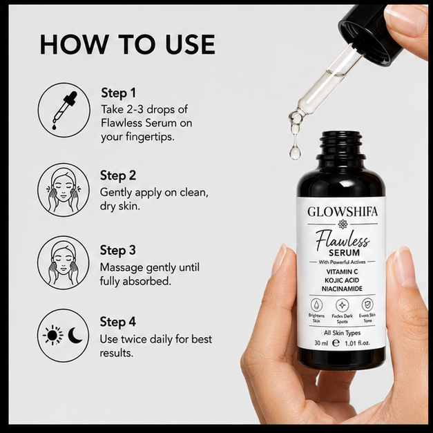 GLOWSHIFA Flawless Serum with Vitamin C, Kojic Acid & Niacinamide | Brightening Face Serum for Dark Spots, Pigmentation & Uneven Skin Tone | Lightweight Daily Glow Serum for All Skin Types | 30 ml