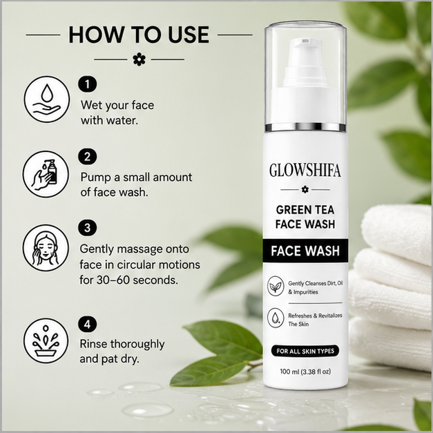 GLOWSHIFA Face Wash, Brightens Dull-Looking Skin, Enhances Radiance, for All Skin Types, 100 ml (Green Tea Facewash)