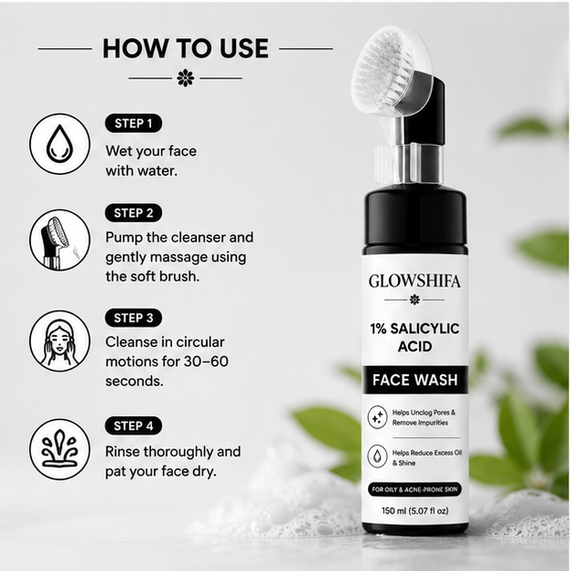GLOWSHIFA Face Wash, Deep Cleansing & Oil Control, with Natural Green Tea Extract, for All Skin Types, 150 ml (1% Salicylic Acid Facewash)
