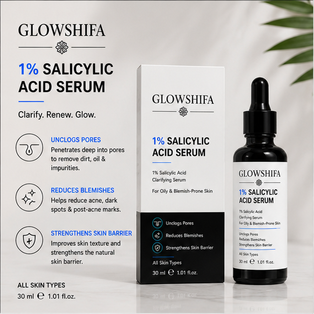 GLOWSHIFA Face Serum, Helps Fight Acne, Calms Redness, Prevents Breakouts, 30 ml (1% Salicylic Acid Serum)