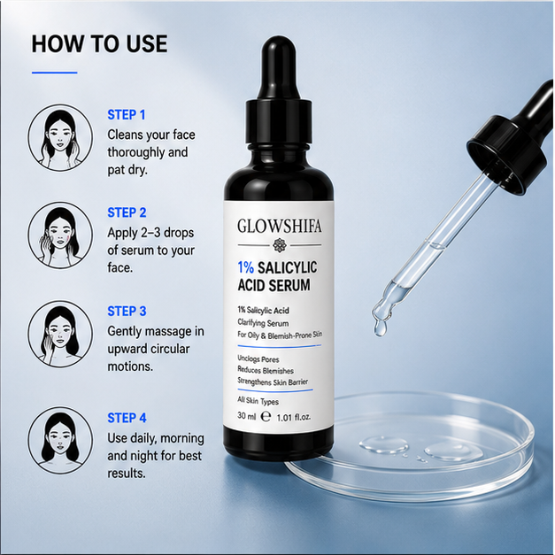 GLOWSHIFA Face Serum, Helps Fight Acne, Calms Redness, Prevents Breakouts, 30 ml (1% Salicylic Acid Serum)