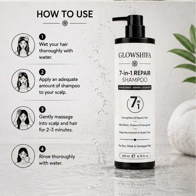 GLOWSHIFA Repair Shampoo, Damage Repair, Nourishing, Smoothening, All Hair Types, 200 ml (7 in 1 Repair Shampoo)