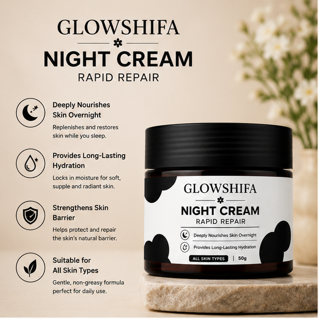 GLOWSHIFA Night Cream Face Cream for All Skin Types, Long-Lasting Hydration, Soft & Supple Skin, 50g