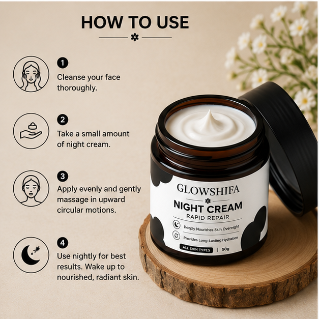 GLOWSHIFA Night Cream Face Cream for All Skin Types, Long-Lasting Hydration, Soft & Supple Skin, 50g