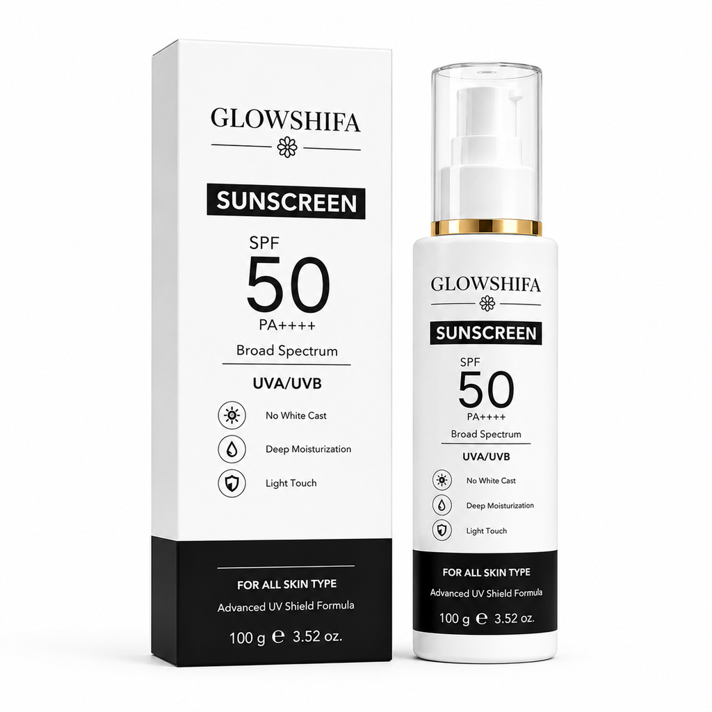 Glowshifa Sunscreen SPF 50 PA++++, Broad Spectrum UVA/UVB, Lightweight Gel Formula, No White Cast, Matte Finish, All Skin Types (100GM)