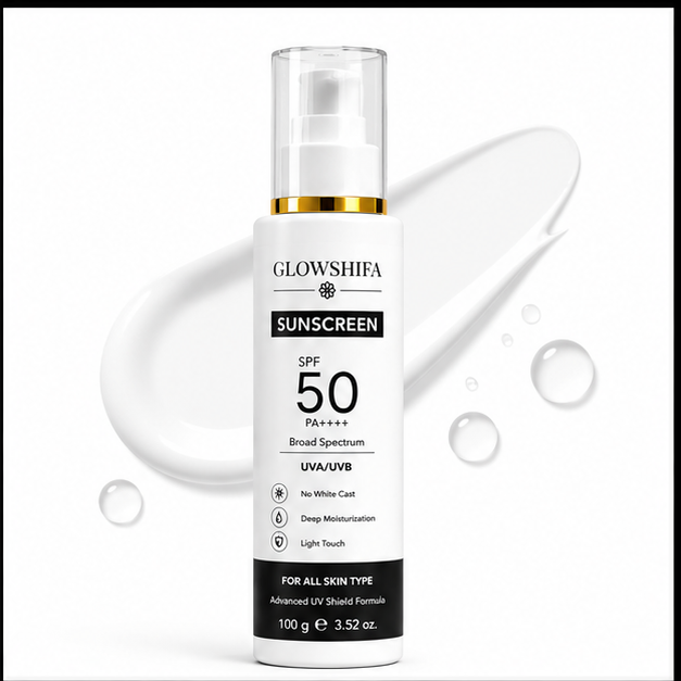 Glowshifa Sunscreen SPF 50 PA++++, Broad Spectrum UVA/UVB, Lightweight Gel Formula, No White Cast, Matte Finish, All Skin Types (100GM)