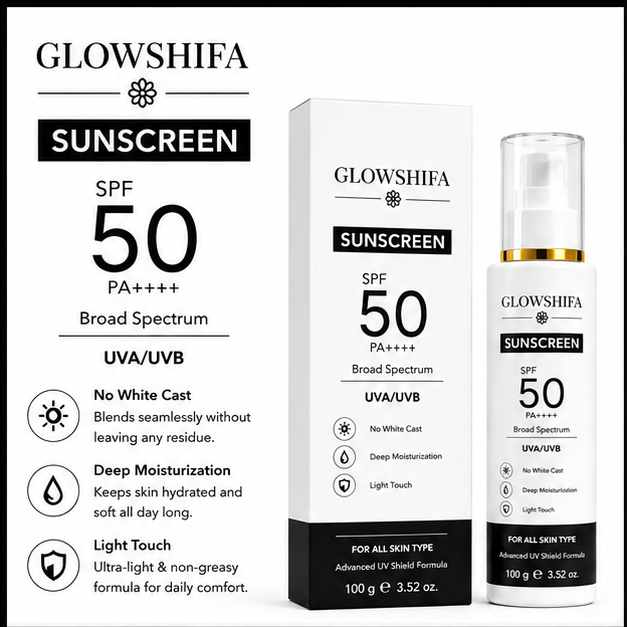 Glowshifa Sunscreen SPF 50 PA++++, Broad Spectrum UVA/UVB, Lightweight Gel Formula, No White Cast, Matte Finish, All Skin Types (100GM)