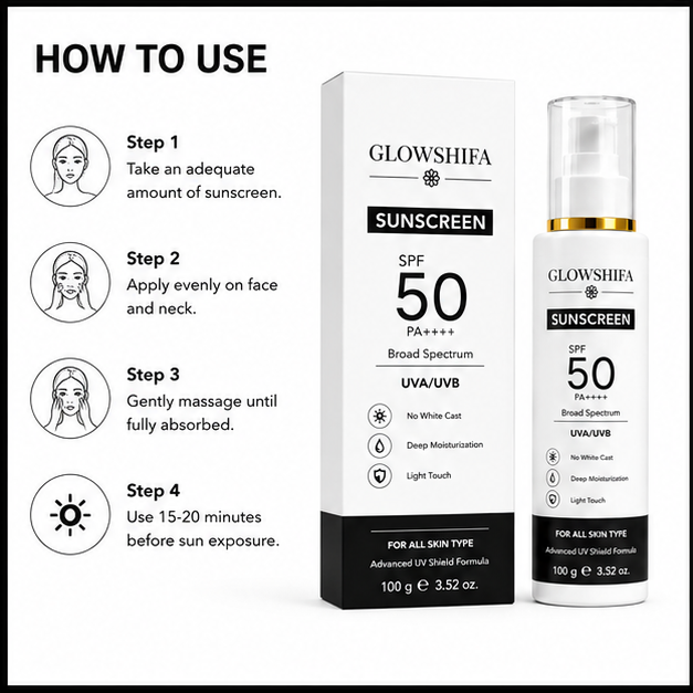 Glowshifa Sunscreen SPF 50 PA++++, Broad Spectrum UVA/UVB, Lightweight Gel Formula, No White Cast, Matte Finish, All Skin Types (100GM)