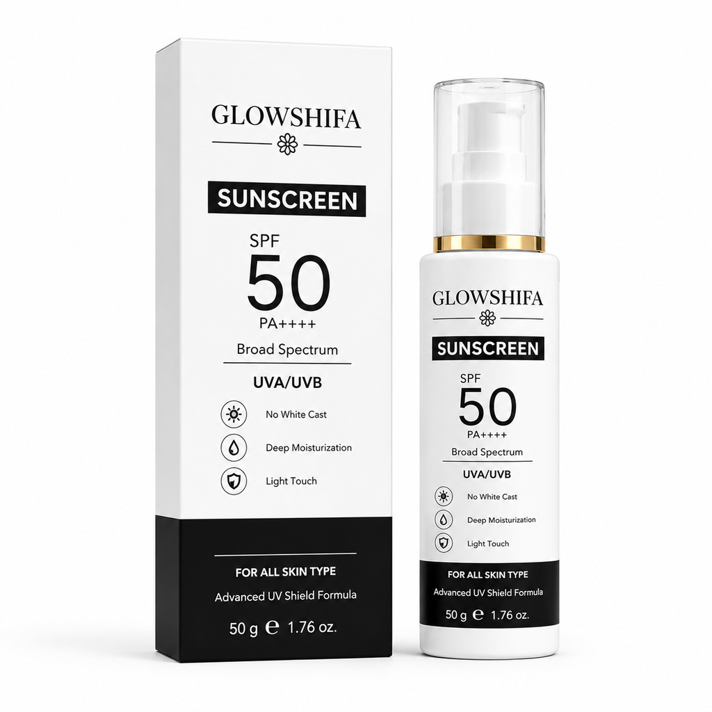 Glowshifa Sunscreen SPF 50 PA++++, Broad Spectrum UVA/UVB, Lightweight Gel Formula, No White Cast, Matte Finish, All Skin Types (50GM)