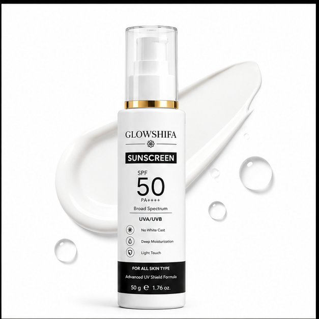 Glowshifa Sunscreen SPF 50 PA++++, Broad Spectrum UVA/UVB, Lightweight Gel Formula, No White Cast, Matte Finish, All Skin Types (50GM)