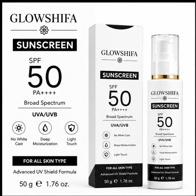 Glowshifa Sunscreen SPF 50 PA++++, Broad Spectrum UVA/UVB, Lightweight Gel Formula, No White Cast, Matte Finish, All Skin Types (50GM)